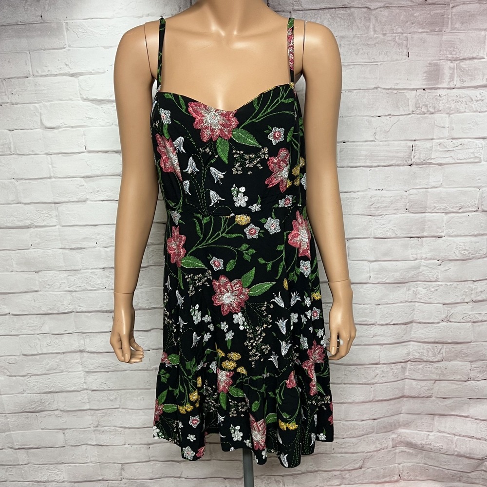 Oldā Navy Dress Womens Medium Black Floral Sweetheart Camisole Smocked Fairy